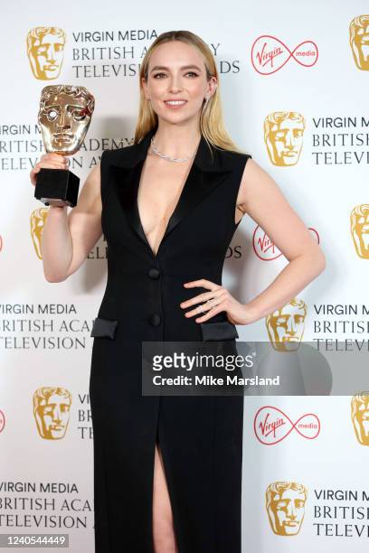 Leading Actress Award winner, Jodie Comer poses in the winners room at the Virgin Media British Academy Television Awards at The Royal Festival Hall...