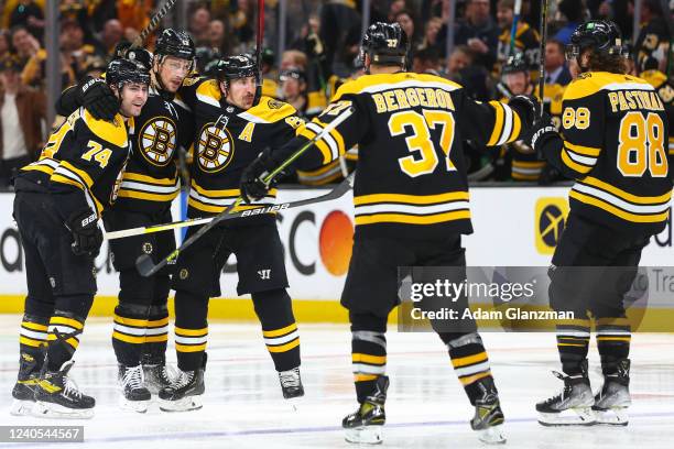 Brad Marchand of the Boston Bruins reacts after a goal in the third period against the Carolina Hurricanes in Game Four of the First Round of the...