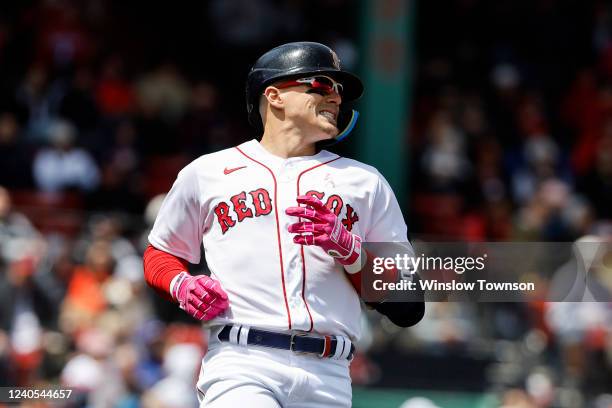 Enrique Hernandez of the Boston Red Sox reacts to fouling off a pitch against the Chicago White Sox during the third inning at Fenway Park on May 8,...