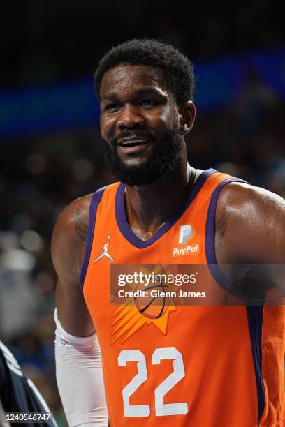 Deandre Ayton of the Phoenix Suns smiles during the game against the Dallas Mavericks during Game 4 of the 2022 NBA Playoffs Western Conference...