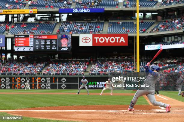 Pete Alonso of the New York Mets hits a two-run home run against the Philadelphia Phillies in the first inning during game two of a double header at...