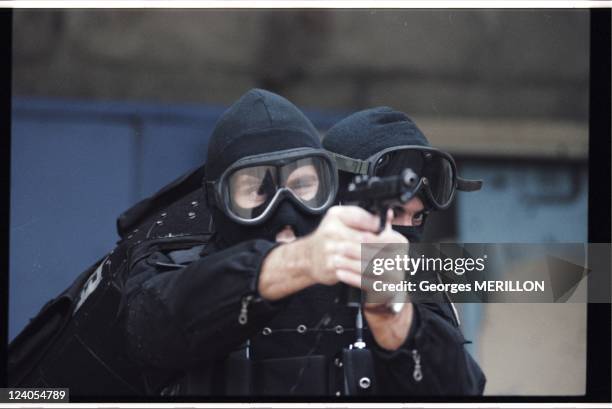 French National SWAT team: RAID In Versailles, France On January 20, 1998 - Exercises in gaining ground under fire for French SWAT team at the...