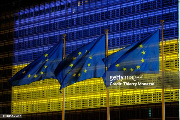 The Berlaymont, the EU Commission headquarter is lighted in Blue and Yellow, the colors of the Ukrainan Flag on May 8 in Brussels, Belgium. According...