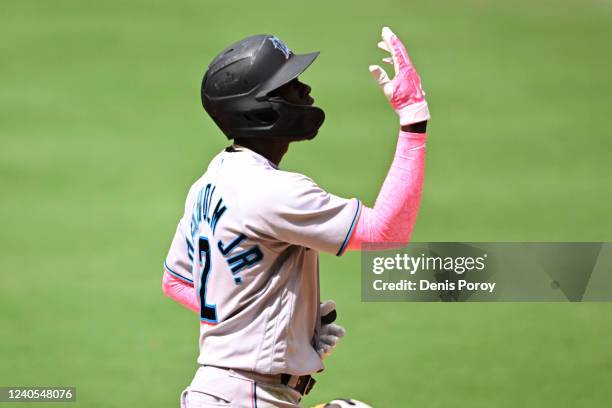 Jazz Chisholm Jr. #2 of the Miami Marlins gestures on the base paths after hitting a solo home in the sixth inning against the San Diego Padres on...