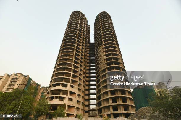 View of Supertech Twin Tower, at Sector 93A on May 8, 2022 in Noida, India. The Edify agency, which is demolishing the twin towers of Supertech...