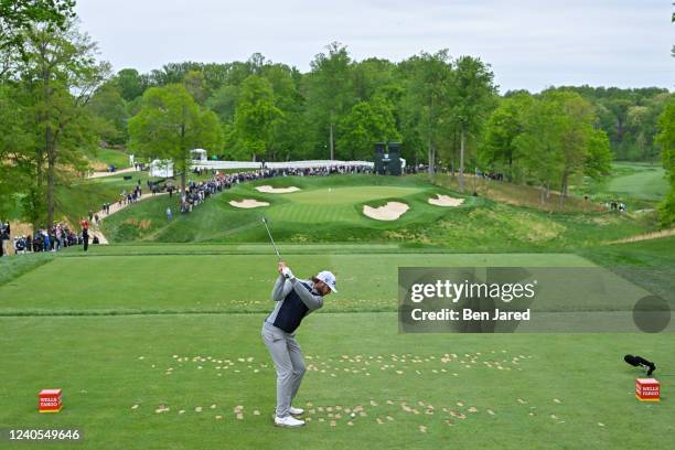 Max Homa swings over his ball on the ninth tee box during the final round of the Wells Fargo Championship at TPC Potomac at Avenel Farm on May 8,...