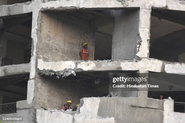 Demolition work underway at Supertech Twin Tower, Sector 93A on May 8, 2022 in Noida, India. The Edify agency, which is demolishing the twin towers...