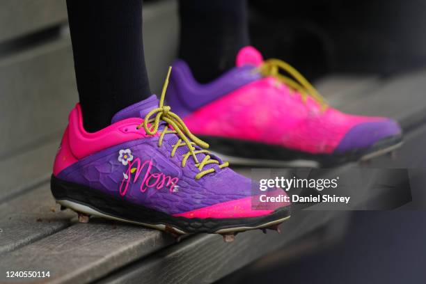 Detailed view of the cleats worn by Aaron Judge of the New York Yankees during the game between the Texas Rangers and the New York Yankees at Yankee...