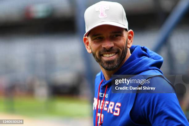 Manager Chris Woodward of the Texas Rangers looks on prior to the game between the Texas Rangers and the New York Yankees at Yankee Stadium on...