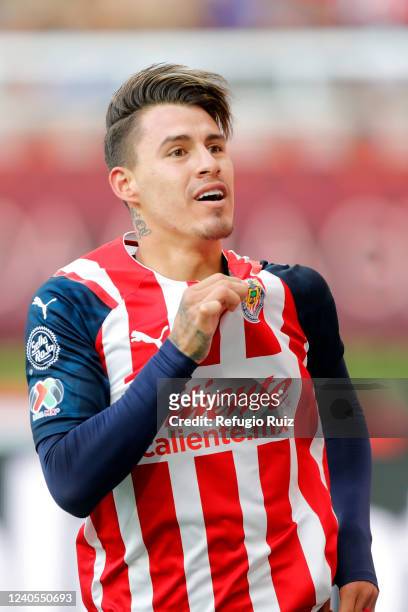 Cristian Calderon of Chivas celebrates after scoring his team's first goal during the playoff match between Chivas and Pumas UNAM as part of the...