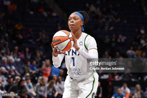 Odyssey Sims of the Minnesota Lynx shoots a free throw during the game against the Washington Mystics on May 8, 2021 at Target Center in Minneapolis,...