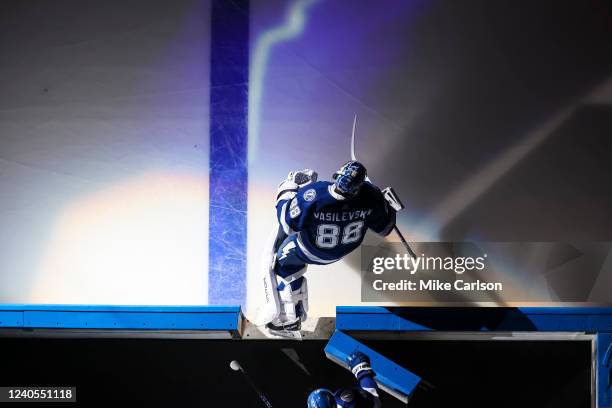 Goalie Andrei Vasilevskiy of the Tampa Bay Lightning steps onto the ice for the game against the Toronto Maple Leafs in Game Four of the First Round...