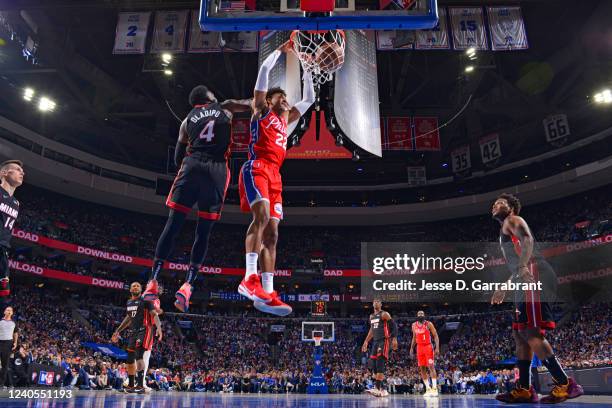 Matisse Thybulle of the Philadelphia 76ers dunks the ball against the Miami Heat during Game 4 of the 2022 NBA Playoffs Eastern Conference Semifinals...