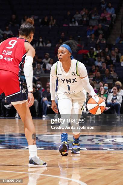 Odyssey Sims of the Minnesota Lynx dribbles the ball during the game against the Washington Mystics on May 8, 2021 at Target Center in Minneapolis,...