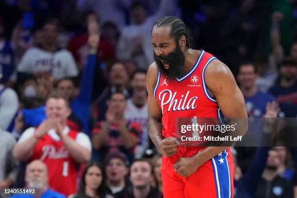 James Harden of the Philadelphia 76ers reacts against the Miami Heat in the first half during Game Four of the 2022 NBA Playoffs Eastern Conference...