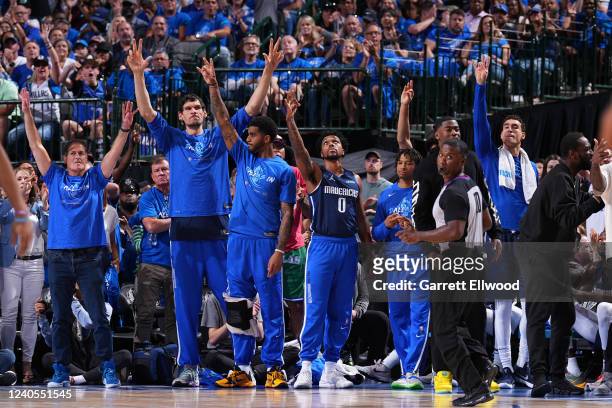 Owner, Mark Cuban celebrates with the Dallas Mavericks bench during Game 4 of the 2022 NBA Playoffs Western Conference Semifinals on May 8, 2022 at...