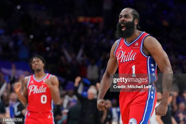 James Harden and Tyrese Maxey of the Philadelphia 76ers react against the Miami Heat in the second half during Game Four of the 2022 NBA Playoffs...