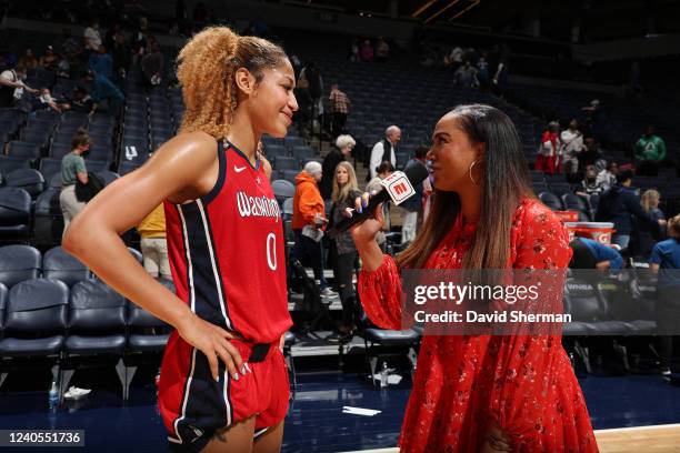 Shakira Austin of the Washington Mystics is interviewed after the game against the Minnesota Lynx on May 8, 2021 at Target Center in Minneapolis,...