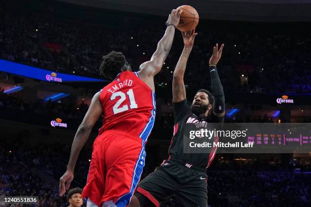Joel Embiid of the Philadelphia 76ers blocks the shot of Markieff Morris of the Miami Heat in the second half during Game Four of the 2022 NBA...