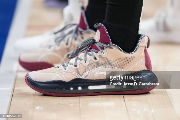 The sneakers worn by Jimmy Butler of the Miami Heat during Game 4 of the 2022 NBA Playoffs Eastern Conference Semifinals on May 8, 2022 at Wells...