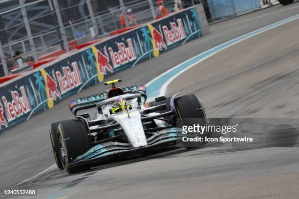 Mercedes-AMG Petronas driver Lewis Hamilton of Great Britain enters turn 12 during the Formula 1 CRYPTO.COM Miami Grand Prix on May 8, 2022 at Miami...