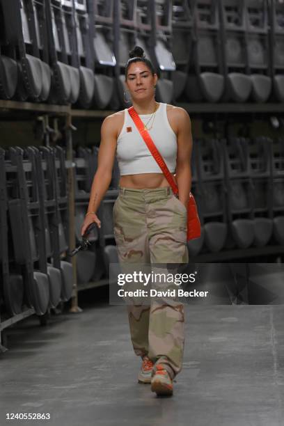 Kelsey Plum of the Las Vegas Aces arrives to the arena before the game against the Seattle Storm on May 8, 2022 at the Michelob Ultra Arena in Las...