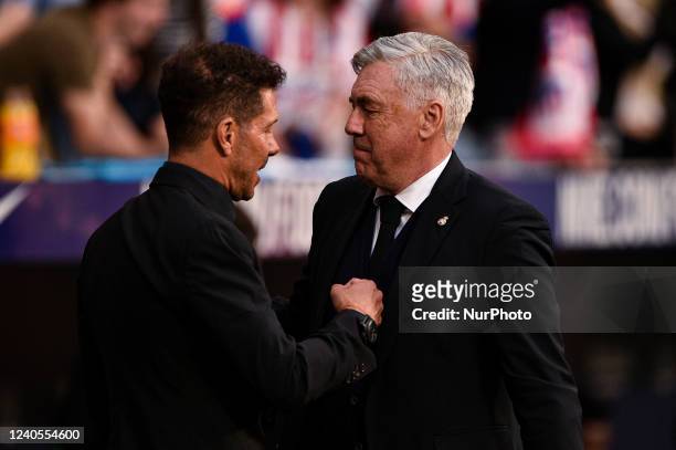 Ancelotti and Diego Pablo Simeone during La Liga match between Atletico de Madrid and Real Madrid at Wanda Metropolitano on May 09, 2022 in Madrid,...