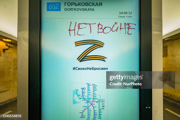 Russian words painted over a &quot;Z&quot; symbol in a metro map saying &quot;no to the war&quot;, inreference to the current invasion of Russia in...