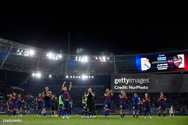 Levante UD players celebrate the victory after the La Liga Santander match between Levante UD and Real Sociedad at Ciutat de Valencia stadium, May 6...