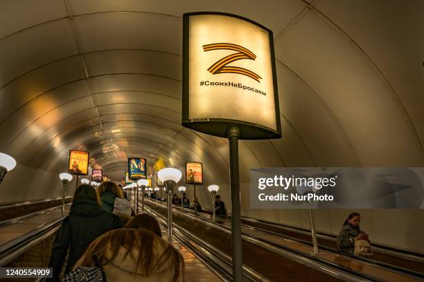 Banner in a pole of the Saint Petersburg metro with the &quot;Z&quot; symbol . The Z is painting in the russian army vehicles during the invasion of...