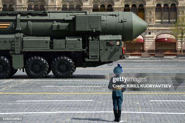 Russian Yars intercontinental ballistic missile launcher parades through Red Square during the Victory Day military parade in central Moscow on May...