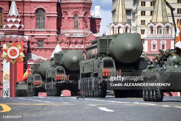 Russian Yars intercontinental ballistic missile launchers parade through Red Square during the Victory Day military parade in central Moscow on May...
