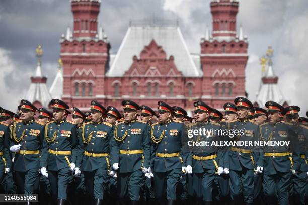 Russian servicemen march on Red Square during the Victory Day military parade in central Moscow on May 9, 2022. - Russia celebrates the 77th...