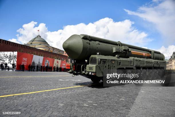 Russian Yars intercontinental ballistic missile launcher parades through Red Square during the Victory Day military parade in central Moscow on May...