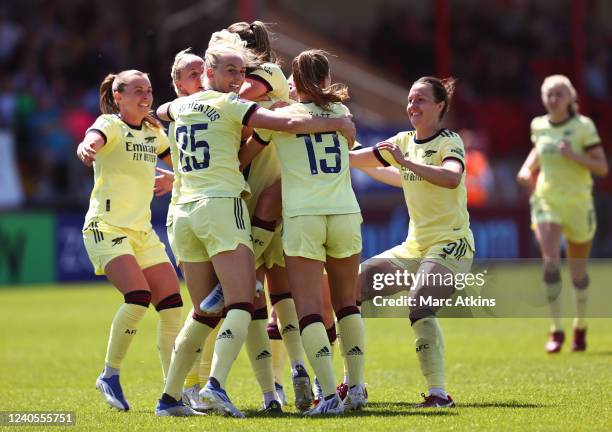 Steph Catley of Arsenal celebrates scoring their 2nd goal among team mates during the Barclays FA Women's Super League match between West Ham United...