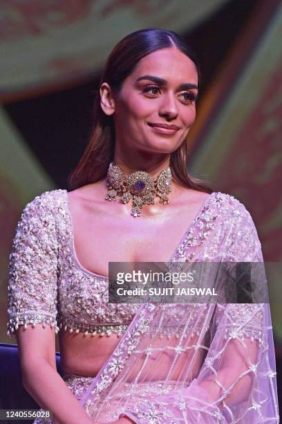 Bollywood actor Manushi Chhillar poses for pictures during the trailer launch of her upcoming Hindi language movie 'Prithviraj' in Mumbai on May 9,...