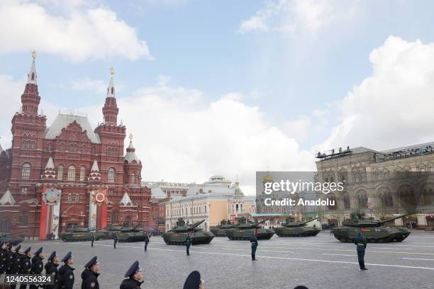 Ceremonial soldiers parade during 77th anniversary of the Victory Day in Red Square in Moscow, Russia on May 09, 2022. The Victory parade take place...