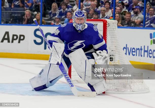 Tampa Bay Lightning goaltender Andrei Vasilevskiy looks foe the shot during the NHL Hockey game 4 of the first round of the Stanley Cup Playoffs...