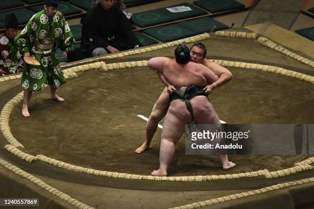 Rikishis compete at Tokyo's Ryogoku Kokugikan during the second Day of the 15-day Summer Grand Sumo Tournament on May 9 in Tokyo, Japan.