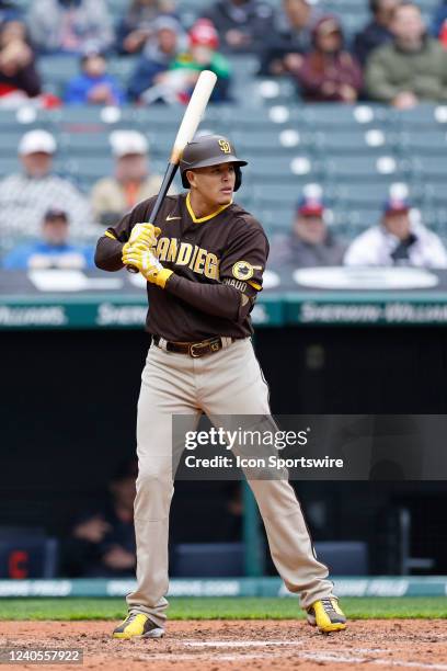 San Diego Padres third baseman Manny Machado bats during game one of an MLB doubleheader against the Cleveland Guardians on May 4, 2022 at...