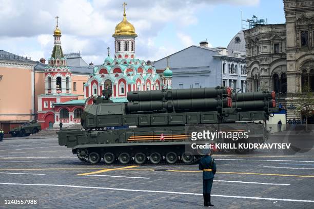 Russian Buk-M3 air defense missile systems parade through Red Square during the Victory Day military parade in central Moscow on May 9, 2022. -...
