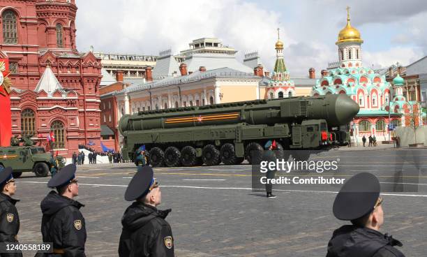 Russian RS-24 Yars roll during the Victory Day Parade at Red Square, May 2022, in Moscow, Russia. The Red Square military parade marking the Victory...