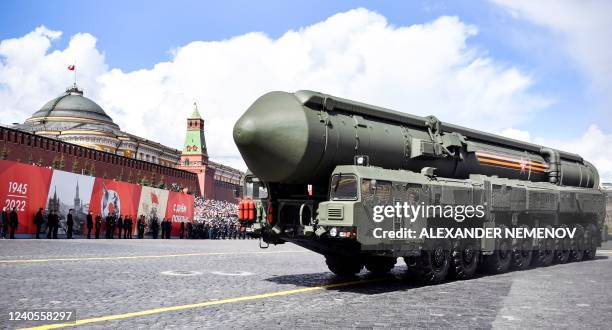 Russian Yars intercontinental ballistic missile launcher parades through Red Square during the Victory Day military parade in central Moscow on May...