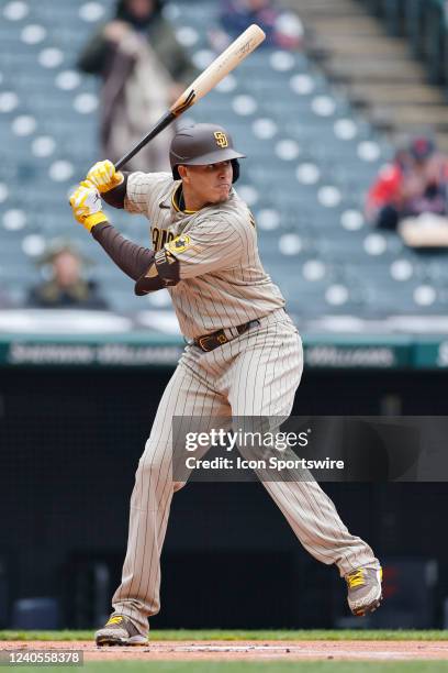 San Diego Padres third baseman Manny Machado bats during game two of an MLB doubleheader against the Cleveland Guardians on May 4, 2022 at...