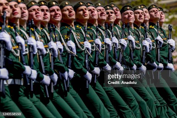 Ceremonial soldiers parade during 77th anniversary of the Victory Day in Red Square in Moscow, Russia on May 09, 2022. The Victory parade take place...