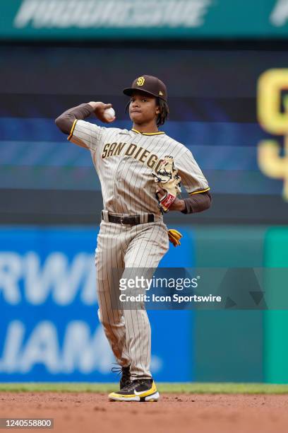 San Diego Padres second baseman C.J. Abrams throws the ball during game two of an MLB doubleheader against the Cleveland Guardians on May 4, 2022 at...
