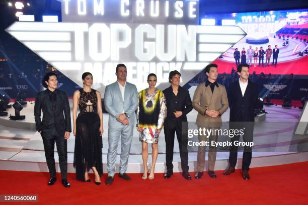 Danny Ramirez, Monica Barbaro, Jon Hamm, Jennifer Connelly, Tom Cruise, Miles Teller, Joseph Kosinski pose for photos during the red carpet of ' Top...