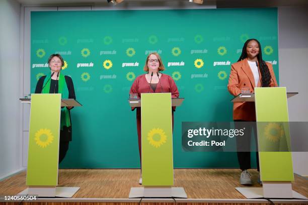 Green party co-chair Ricarda Lang attends a press conference of the Green Party after the state elections in Schleswig-Holstein in Berlin on May 9,...