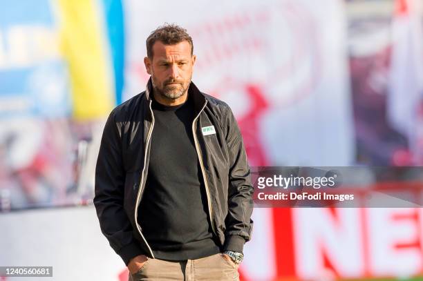 Head coach Markus Weinzierl of FC Augsburg looks on prior to the Bundesliga match between RB Leipzig and FC Augsburg at Red Bull Arena on May 8, 2022...