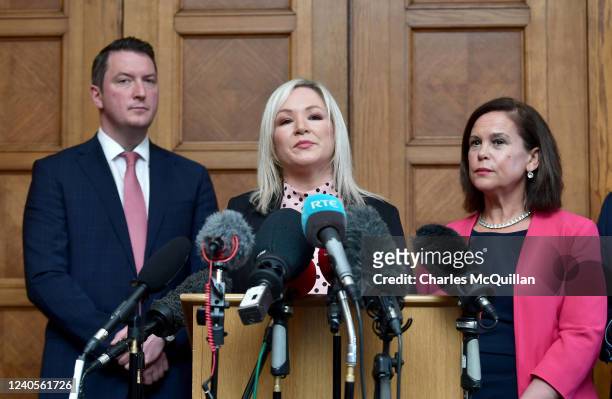 Sinn Fein leader Mary Lou McDonald , Sinn Fein deputy leader Michelle O'Neill with John Finucane hold a press conference following a meeting with NI...